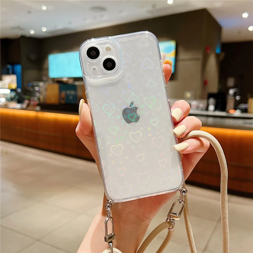 Anymob iPhone Case Khaki Clear Laser Love Heart Crossbody Lanyard Hang Strap Rope Cover