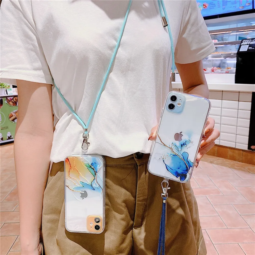 Anymob iPhone Case Marble Granite White Crossbody Lanyard Soft TPU Chain Cover