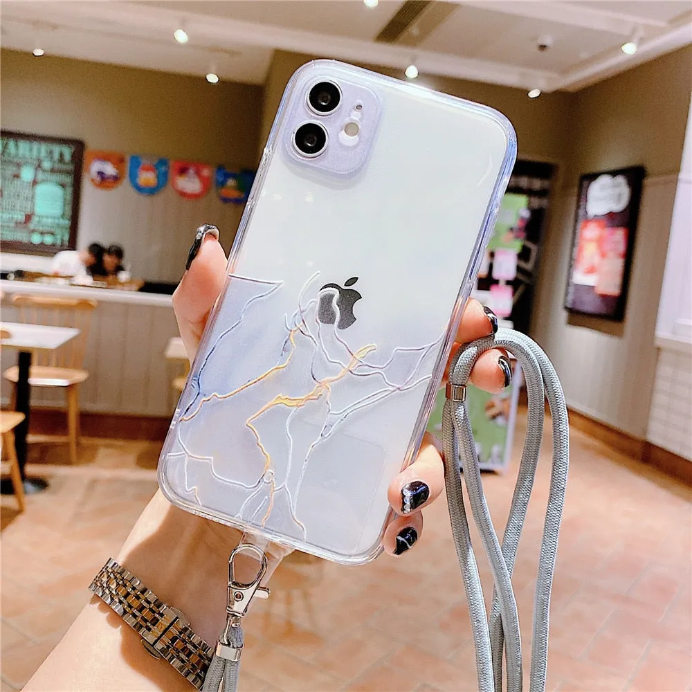 Anymob iPhone Case Marble Granite White Crossbody Lanyard Soft TPU Chain Cover
