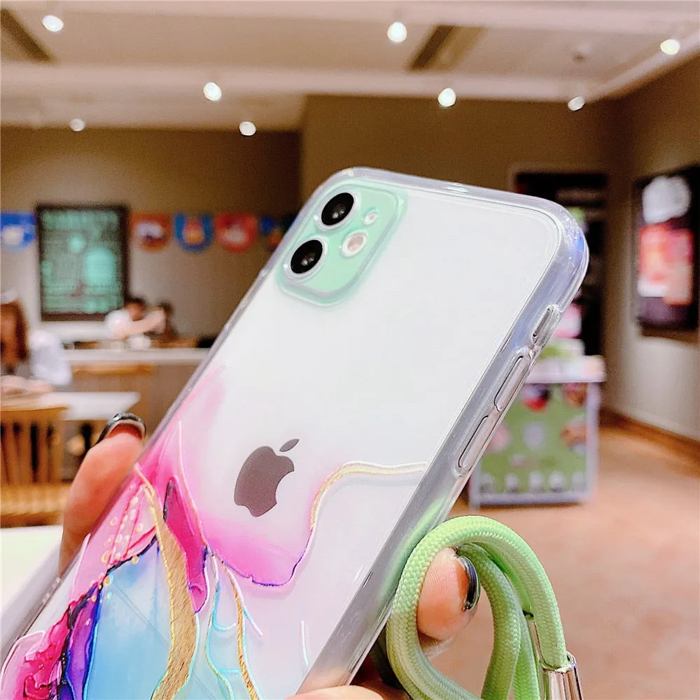 Anymob iPhone Case Marble Granite White Crossbody Lanyard Soft TPU Chain Cover