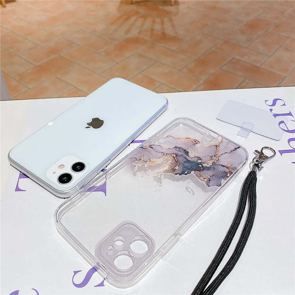 Anymob iPhone Case Marble Granite White Crossbody Lanyard Soft TPU Chain Cover