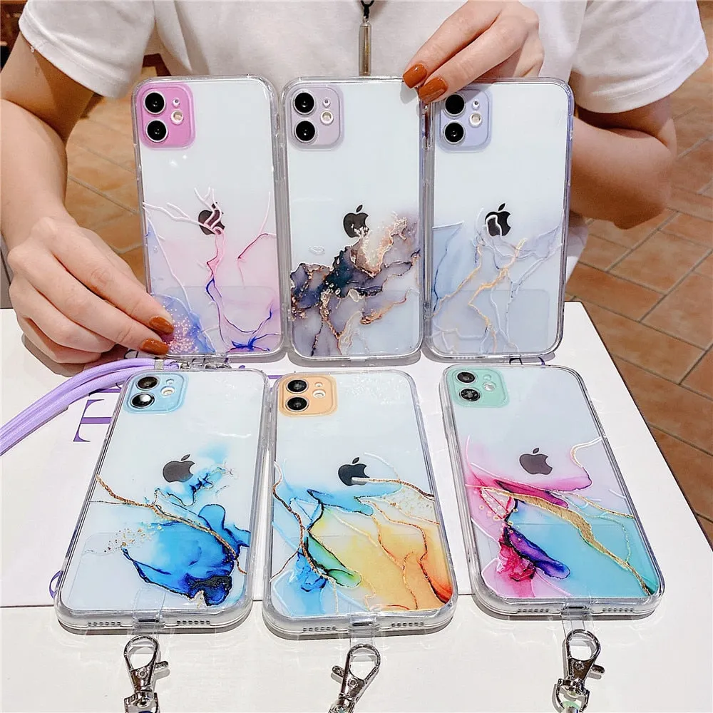 Anymob iPhone Case Marble Granite White Crossbody Lanyard Soft TPU Chain Cover