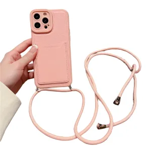 Anymob iPhone Case Pink Crossbody Necklace Strap Lanyard with Card Holder Silicone Cover