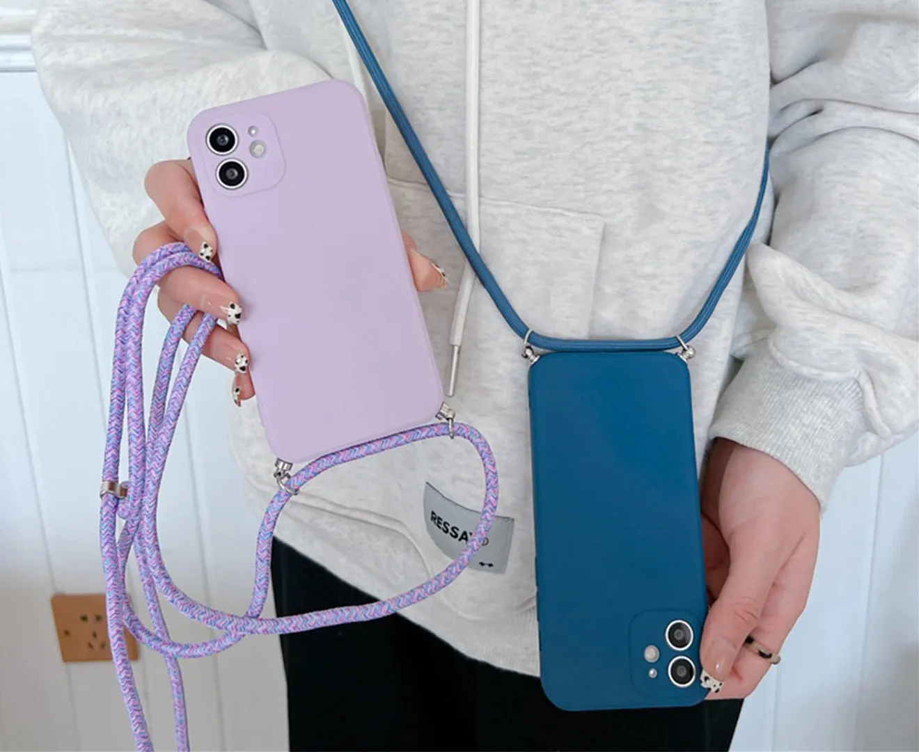 Anymob iPhone Case Pink Fashion Square Crossbody Necklace Strap Lanyard Cord Silicone For iPhone Full Lens Protection Cover