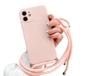 Anymob iPhone Case Pink Fashion Square Crossbody Necklace Strap Lanyard Cord Silicone For iPhone Full Lens Protection Cover
