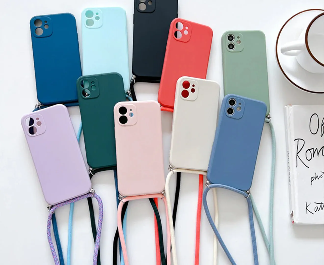 Anymob iPhone Case Pink Fashion Square Crossbody Necklace Strap Lanyard Cord Silicone For iPhone Full Lens Protection Cover