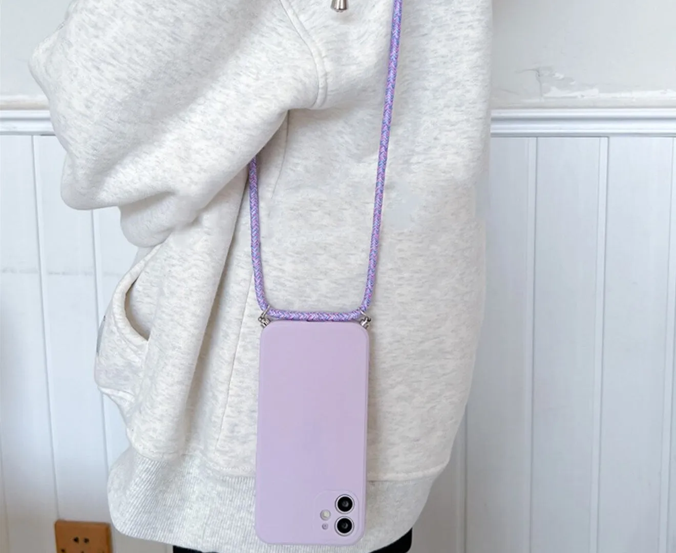 Anymob iPhone Case Pink Fashion Square Crossbody Necklace Strap Lanyard Cord Silicone For iPhone Full Lens Protection Cover