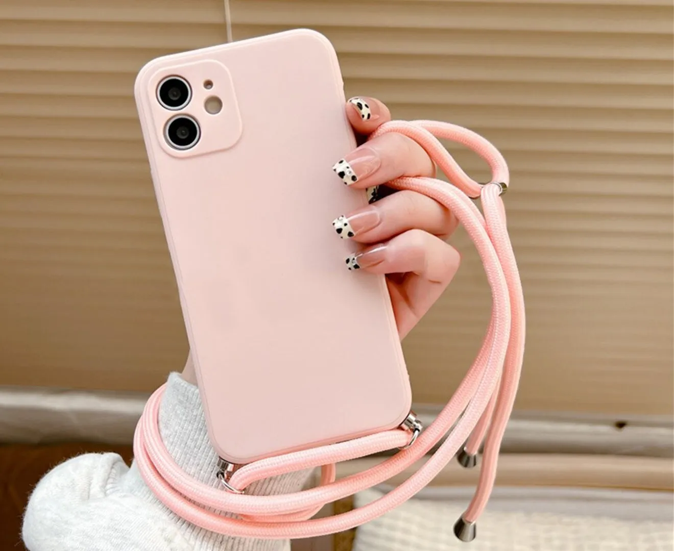 Anymob iPhone Case Pink Fashion Square Crossbody Necklace Strap Lanyard Cord Silicone For iPhone Full Lens Protection Cover
