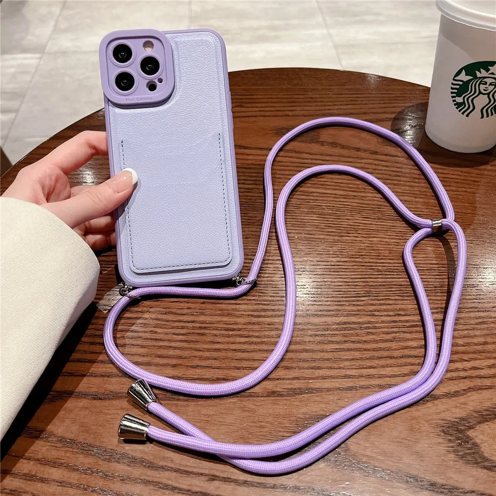 Anymob iPhone Case Purple Crossbody Necklace Strap Lanyard Cord Card Holder Silicone Cover