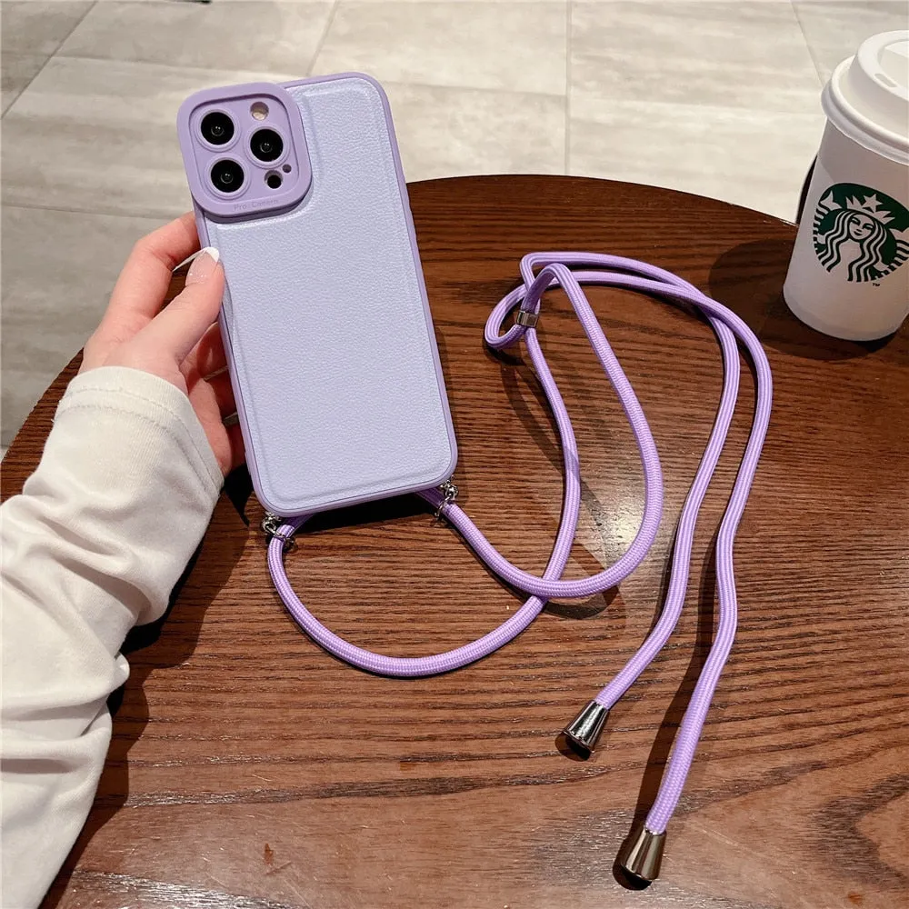 Anymob iPhone Case Purple Soft Silicone Lanyard Solid Color Crossbody shockproof Cover