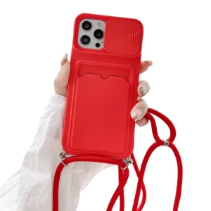 Anymob iPhone Case Red Crossbody Camera Lens Protect Wallet Card Necklace Lanyard Cover
