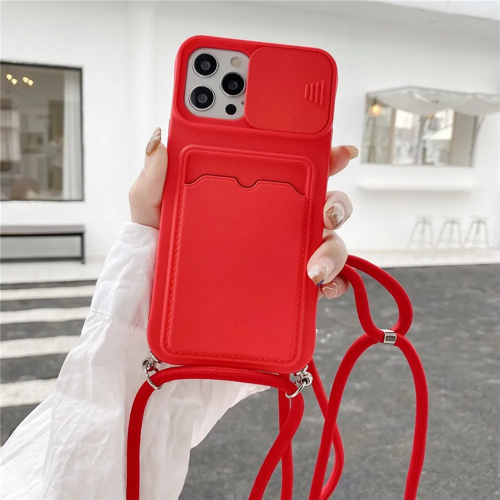 Anymob iPhone Case Red Crossbody Camera Lens Protect Wallet Card Necklace Lanyard Cover