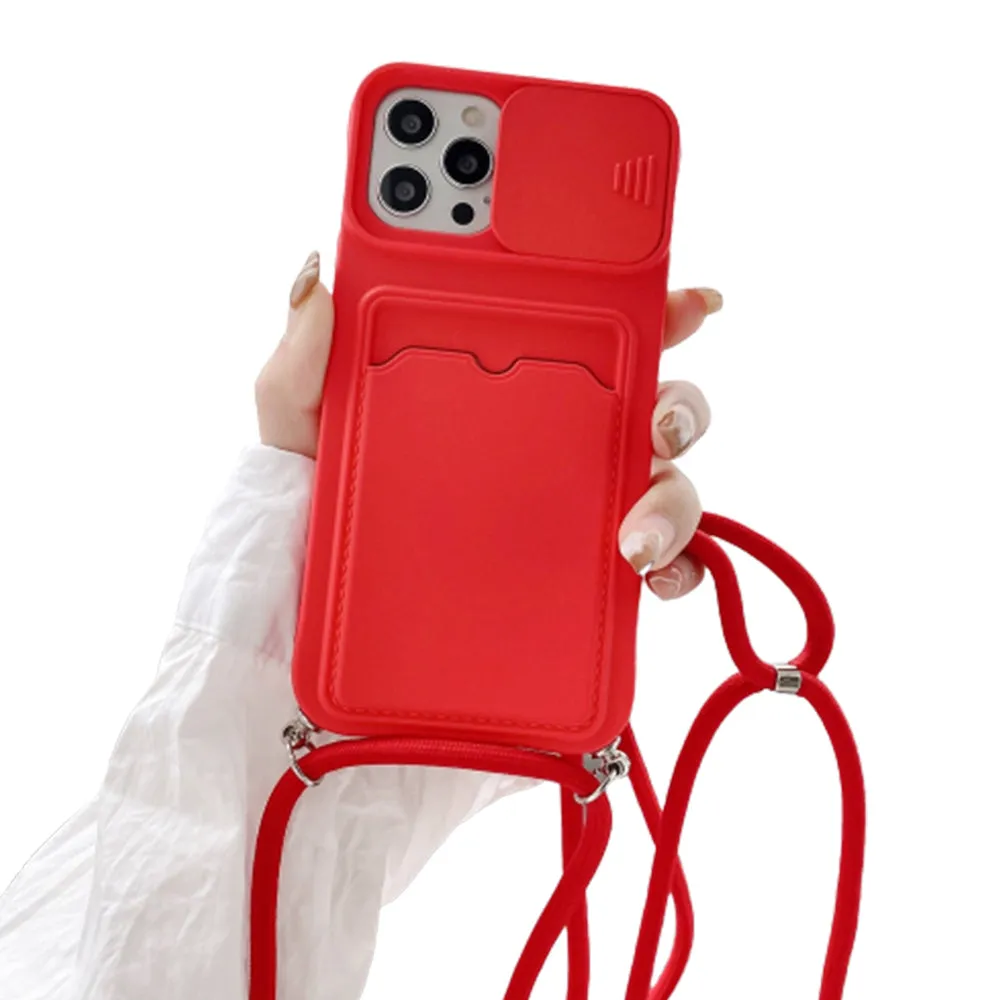 Anymob iPhone Case Red Crossbody Camera Lens Protect Wallet Card Necklace Lanyard Cover