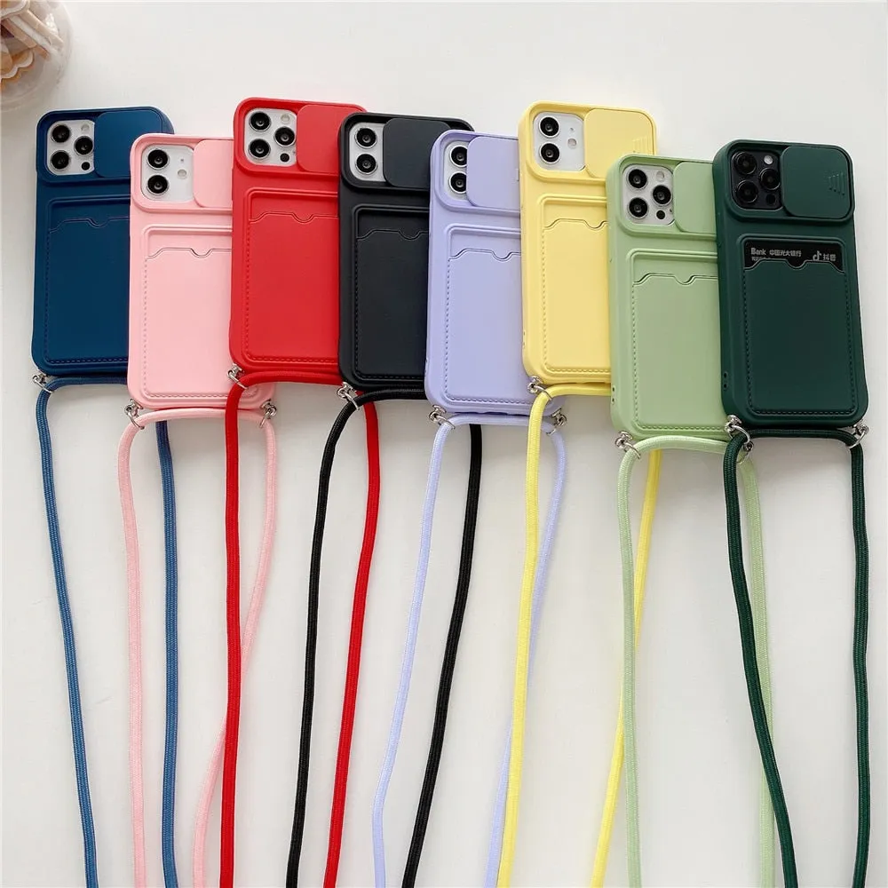 Anymob iPhone Case Red Crossbody Camera Lens Protect Wallet Card Necklace Lanyard Cover