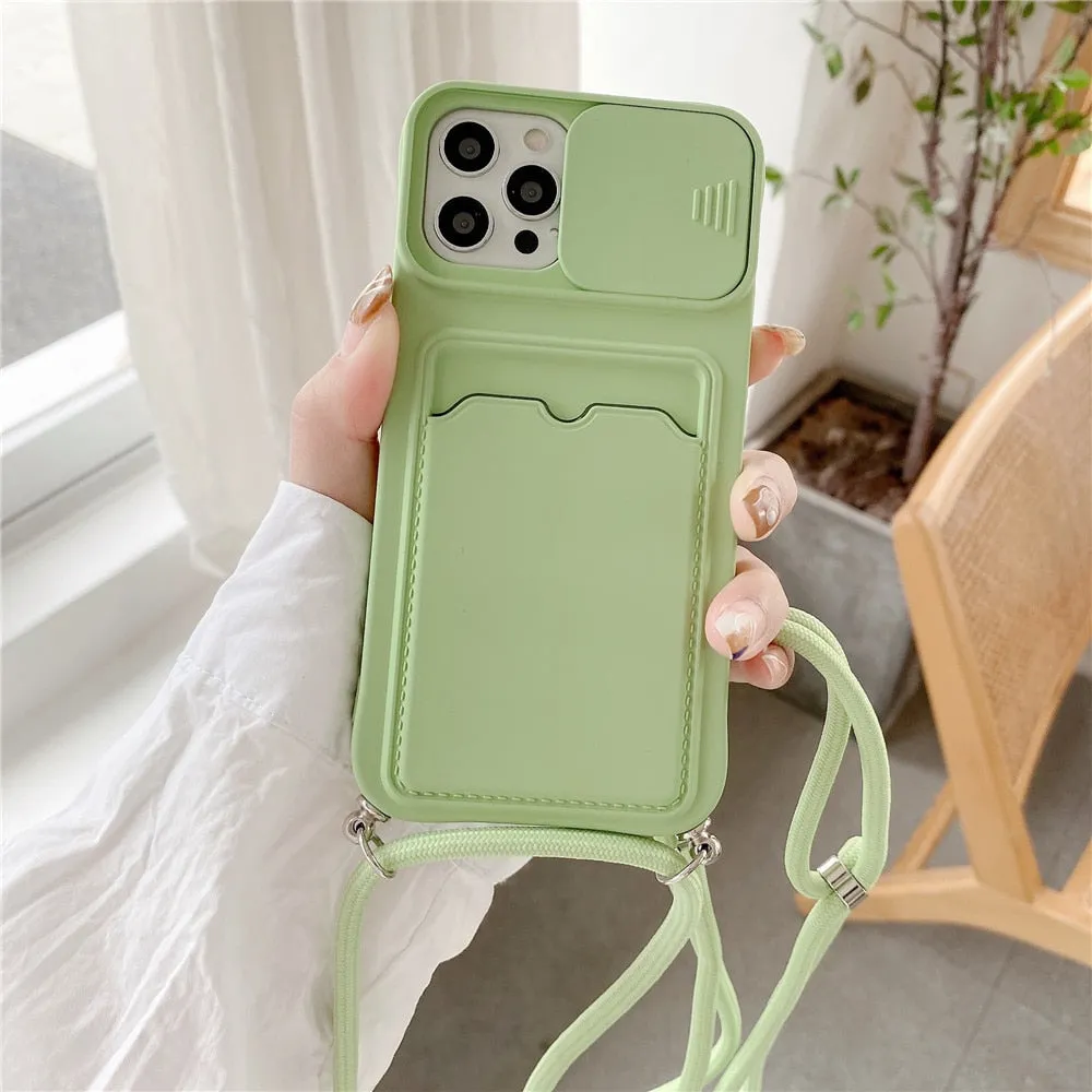 Anymob iPhone Case Red Crossbody Camera Lens Protect Wallet Card Necklace Lanyard Cover