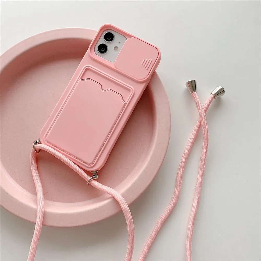 Anymob iPhone Case Red Crossbody Camera Lens Protect Wallet Card Necklace Lanyard Cover