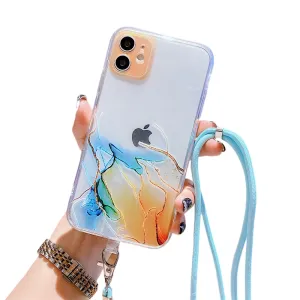 Anymob iPhone Case Sky Marble Granite Blue Crossbody Lanyard Soft TPU Chain Cover