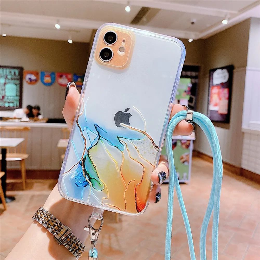 Anymob iPhone Case Sky Marble Granite Blue Crossbody Lanyard Soft TPU Chain Cover