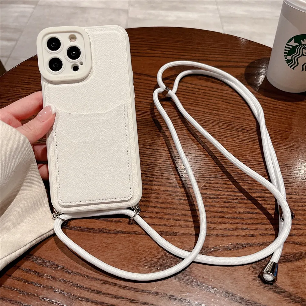 Anymob iPhone Case White Crossbody Necklace Strap Lanyard Cord Card Holder Silicone Cover