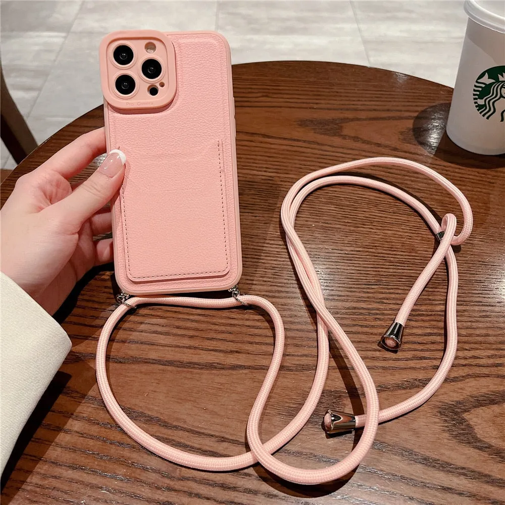 Anymob iPhone Case White Crossbody Necklace Strap Lanyard Cord Card Holder Silicone Cover
