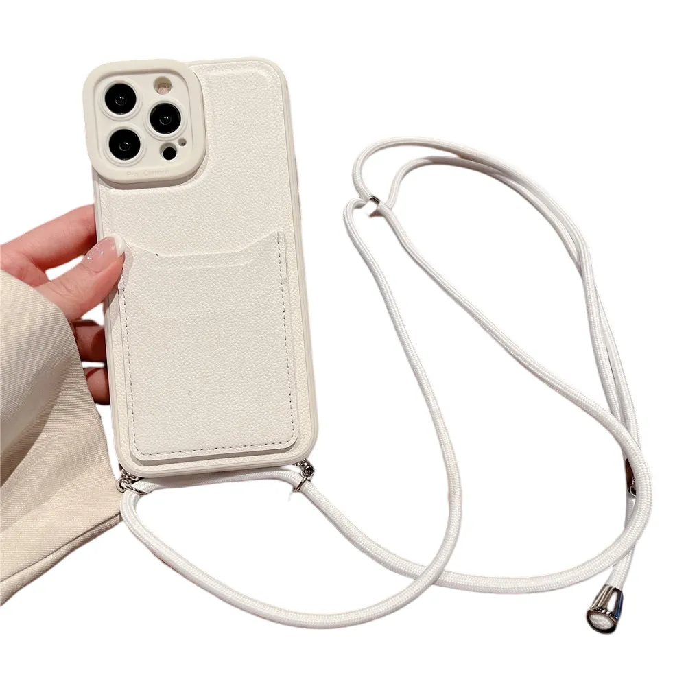 Anymob iPhone Case White Crossbody Necklace Strap Lanyard Cord Card Holder Silicone Cover