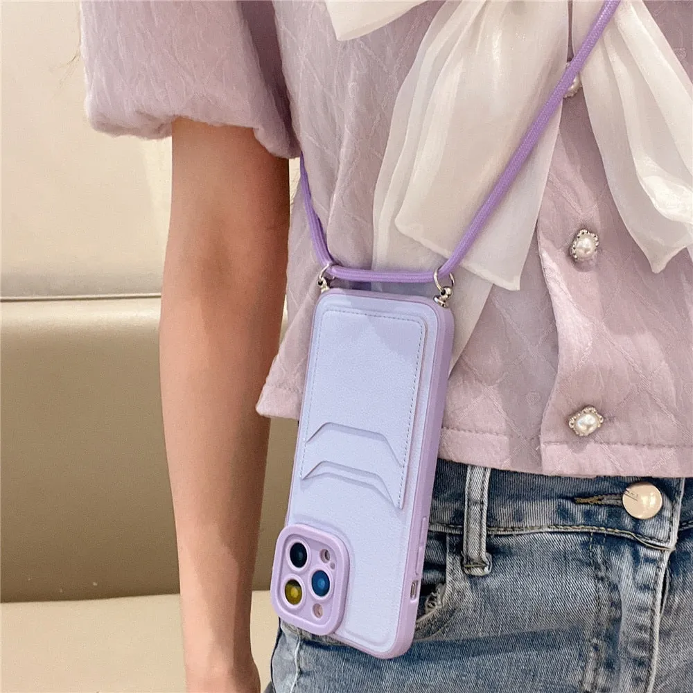 Anymob iPhone Case White Crossbody Necklace Strap Lanyard Cord Card Holder Silicone Cover