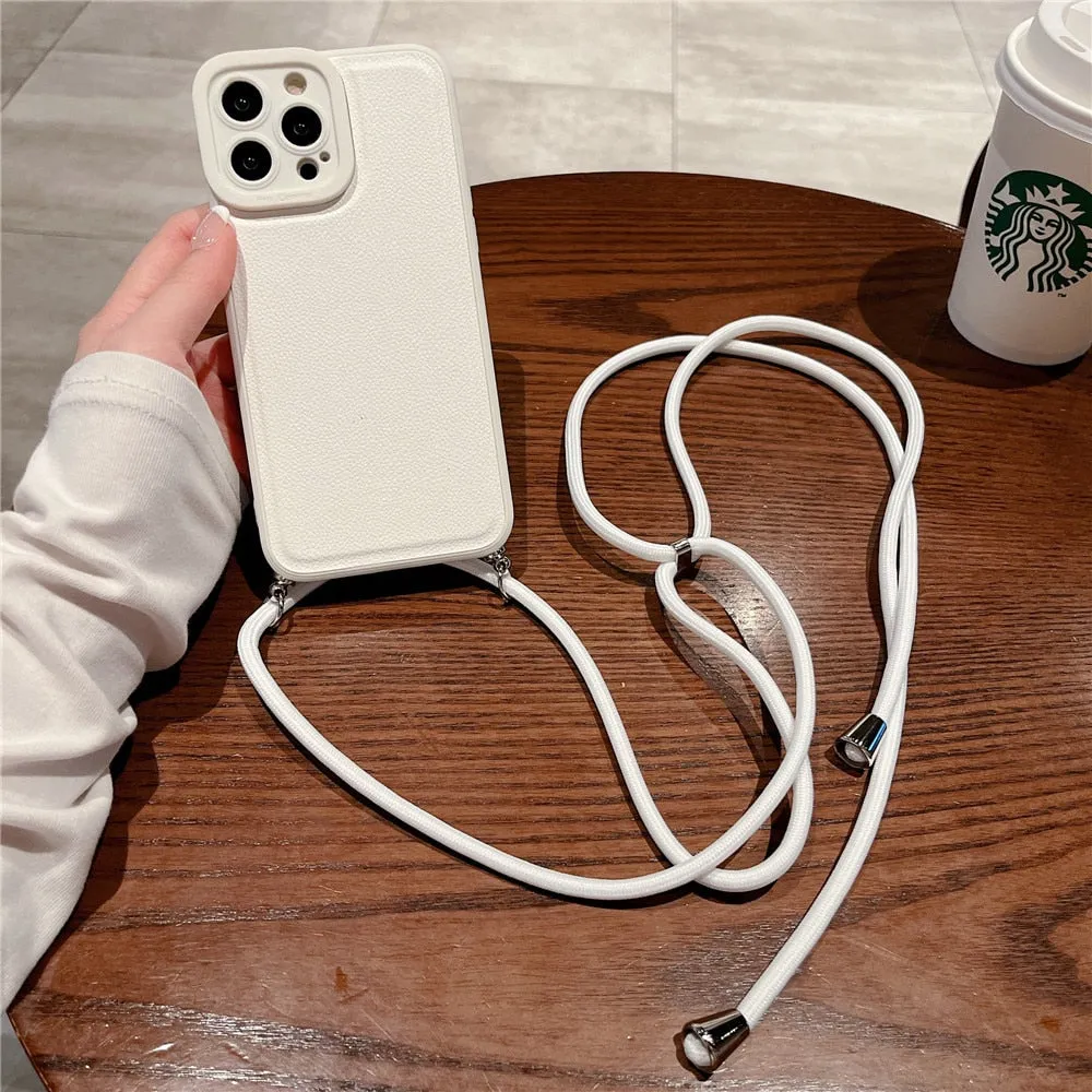 Anymob iPhone Case White Soft Silicone Lanyard Solid Color Crossbody shockproof Cover