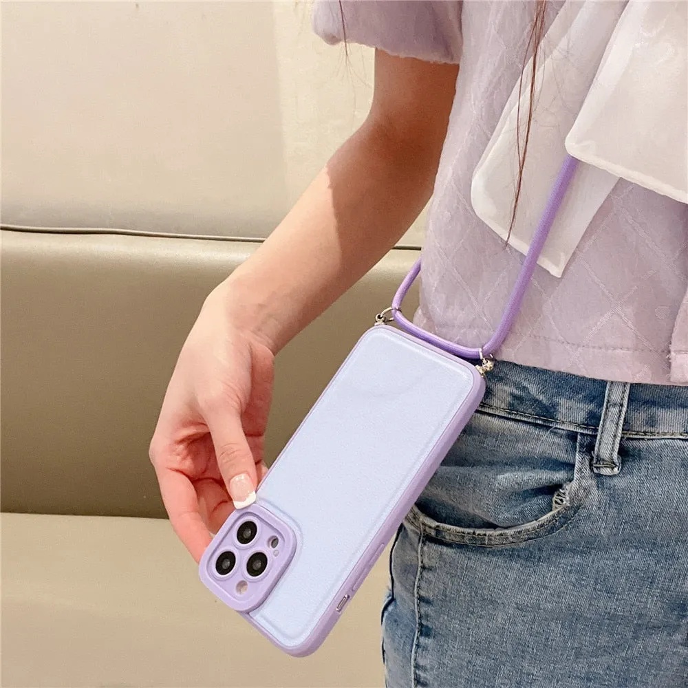 Anymob iPhone Case White Soft Silicone Lanyard Solid Color Crossbody shockproof Cover