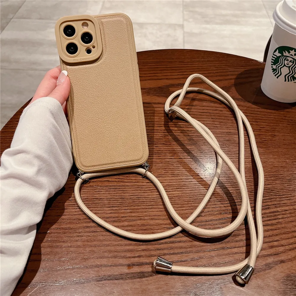 Anymob iPhone Case White Soft Silicone Lanyard Solid Color Crossbody shockproof Cover
