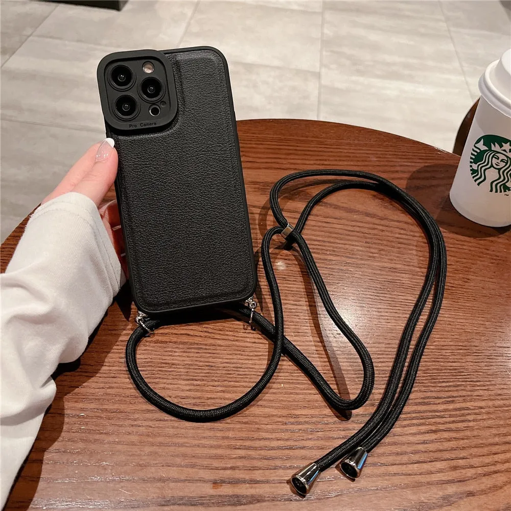 Anymob iPhone Case White Soft Silicone Lanyard Solid Color Crossbody shockproof Cover