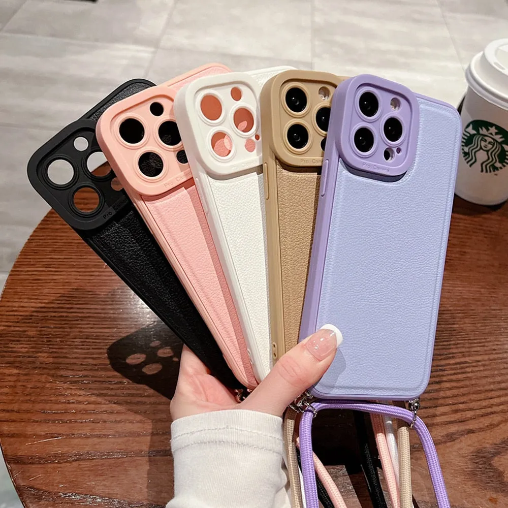 Anymob iPhone Case White Soft Silicone Lanyard Solid Color Crossbody shockproof Cover