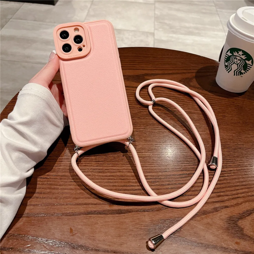 Anymob iPhone Case White Soft Silicone Lanyard Solid Color Crossbody shockproof Cover