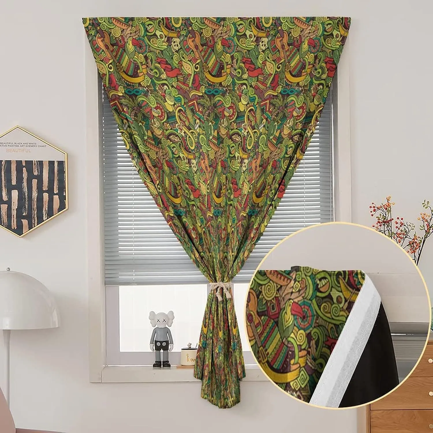 Anywhere Portable Blackout Curtain, Cartoon Door Window Curtains, Hand Drawn Doodles Latin American Colorful Culture Print Bedroom Blackout Curtains,26W x40L Inch, for Bathroom Living Room Bedroom