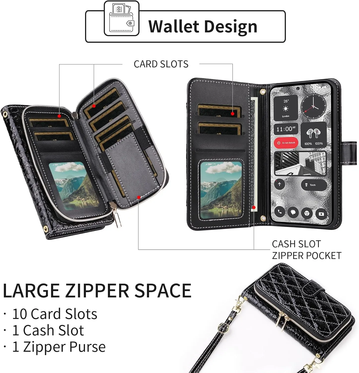 Argyle Wallet Case for Nothing Phone 2 with Crossbody/Wrist Strap Lanyard Luxury PU Leather Kickstand Zipper Purse Shockproof Card Holder Cell Phone Cover for Two Women Men Black