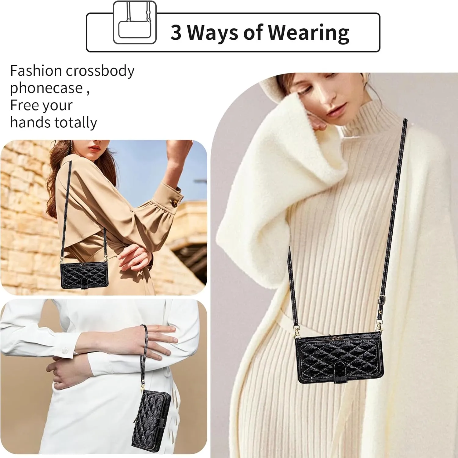 Argyle Wallet Case for Nothing Phone 2 with Crossbody/Wrist Strap Lanyard Luxury PU Leather Kickstand Zipper Purse Shockproof Card Holder Cell Phone Cover for Two Women Men Black