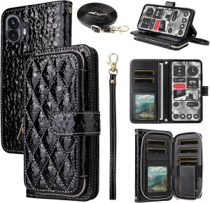 Argyle Wallet Case for Nothing Phone 2 with Crossbody/Wrist Strap Lanyard Luxury PU Leather Kickstand Zipper Purse Shockproof Card Holder Cell Phone Cover for Two Women Men Black