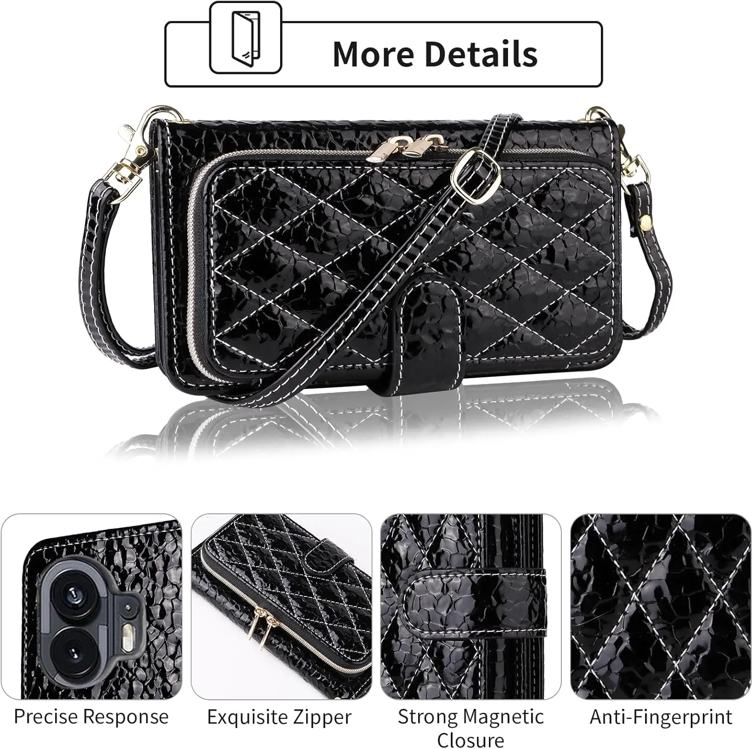 Argyle Wallet Case for Nothing Phone 2 with Crossbody/Wrist Strap Lanyard Luxury PU Leather Kickstand Zipper Purse Shockproof Card Holder Cell Phone Cover for Two Women Men Black