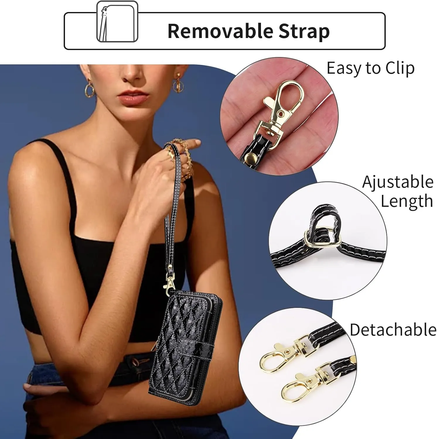 Argyle Wallet Case for Nothing Phone 2 with Crossbody/Wrist Strap Lanyard Luxury PU Leather Kickstand Zipper Purse Shockproof Card Holder Cell Phone Cover for Two Women Men Black