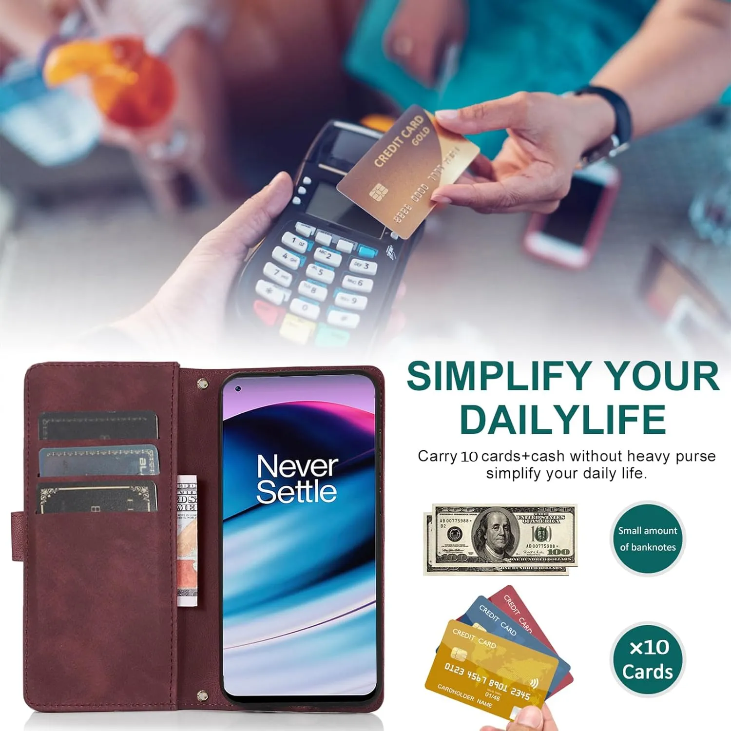 Asuwish Phone Case for OnePlus Nord N20 5G Zipper Wallet Cell Cover with Tempered Glass Screen Protector Crossbody Strap Flip Credit Card Holder One Plus N 20 G5 1 Plus 20N 1plus One  1  N205G Red
