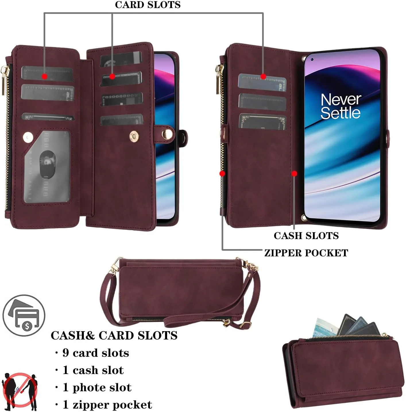 Asuwish Phone Case for OnePlus Nord N20 5G Zipper Wallet Cell Cover with Tempered Glass Screen Protector Crossbody Strap Flip Credit Card Holder One Plus N 20 G5 1 Plus 20N 1plus One  1  N205G Red