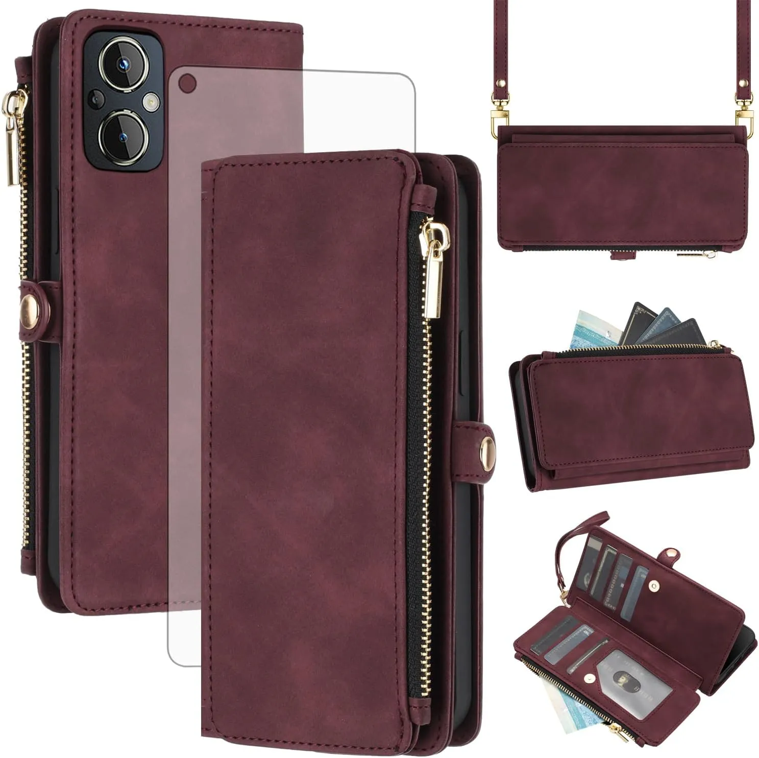 Asuwish Phone Case for OnePlus Nord N20 5G Zipper Wallet Cell Cover with Tempered Glass Screen Protector Crossbody Strap Flip Credit Card Holder One Plus N 20 G5 1 Plus 20N 1plus One  1  N205G Red