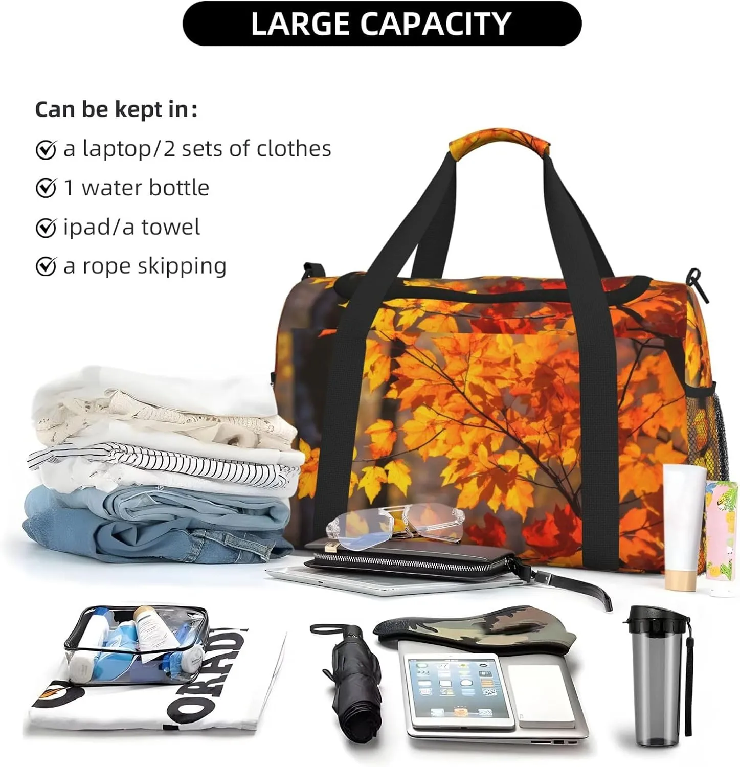 Autumn Leaves Big Capacity Sports Gym Bag Portable Travel Duffle Bag, Fall Tree Lightweight Weekender Workout Bag for Overnight, Unisex