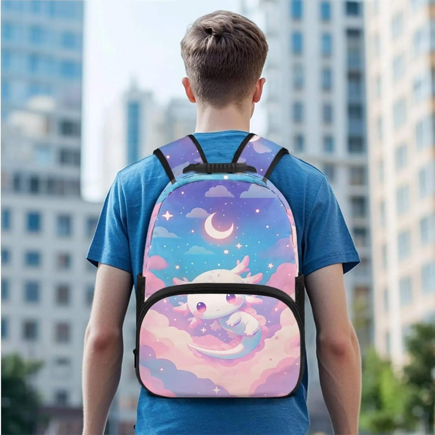 Axolotl Backpack for Girls Kids Elementary School Backpacks Book Bag with Insulated Lunch Box Pencil Case Satchel Daypack 3 Pieces Set