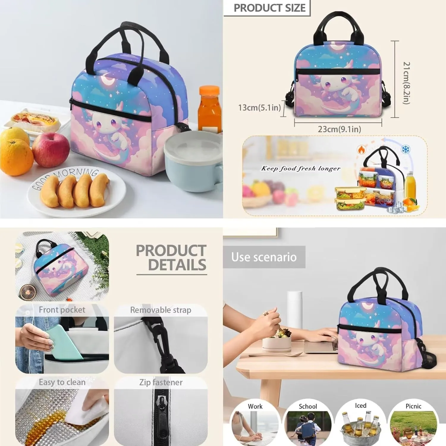 Axolotl Backpack for Girls Kids Elementary School Backpacks Book Bag with Insulated Lunch Box Pencil Case Satchel Daypack 3 Pieces Set