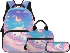 Axolotl Backpack for Girls Kids Elementary School Backpacks Book Bag with Insulated Lunch Box Pencil Case Satchel Daypack 3 Pieces Set