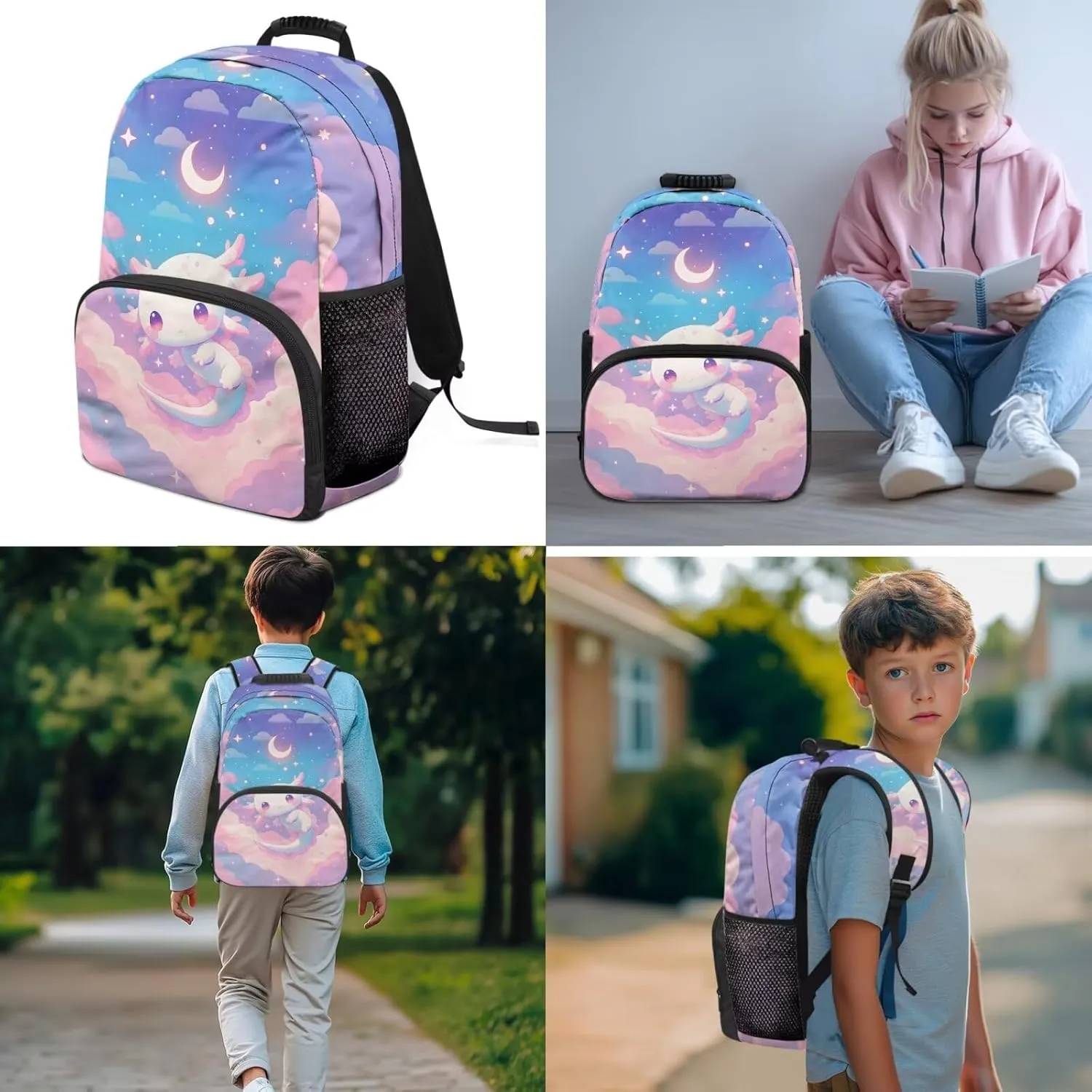 Axolotl Backpack for Girls Kids Elementary School Backpacks Book Bag with Insulated Lunch Box Pencil Case Satchel Daypack 3 Pieces Set