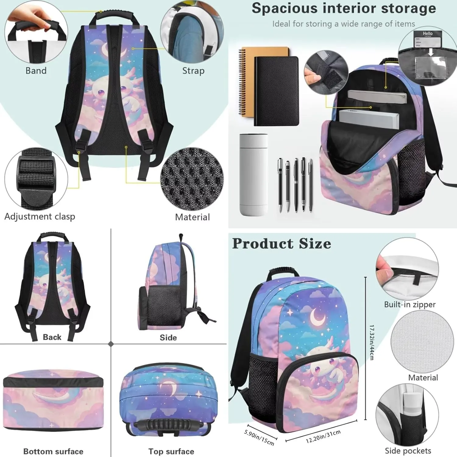 Axolotl Backpack for Girls Kids Elementary School Backpacks Book Bag with Insulated Lunch Box Pencil Case Satchel Daypack 3 Pieces Set
