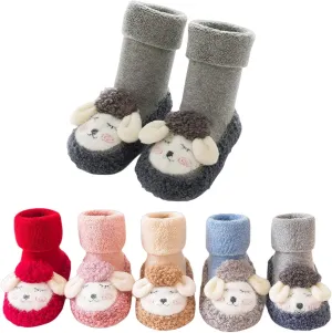 Baby Cartoon Plush Cotton Toddler Shoes, Fall Winter Pompons Non Slip Baby Shoes
