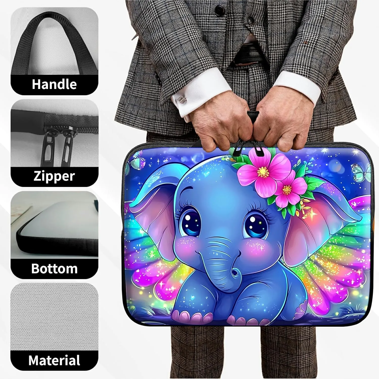 Baby Elephant with Big Eyes Theme Laptop Sleeve Case Notebook Sleeve PC Messenger Bag Durable Travel Laptop Bag Handbag 13-14 Inch with Handle for Laptop/Notebook/Tablet Laptop