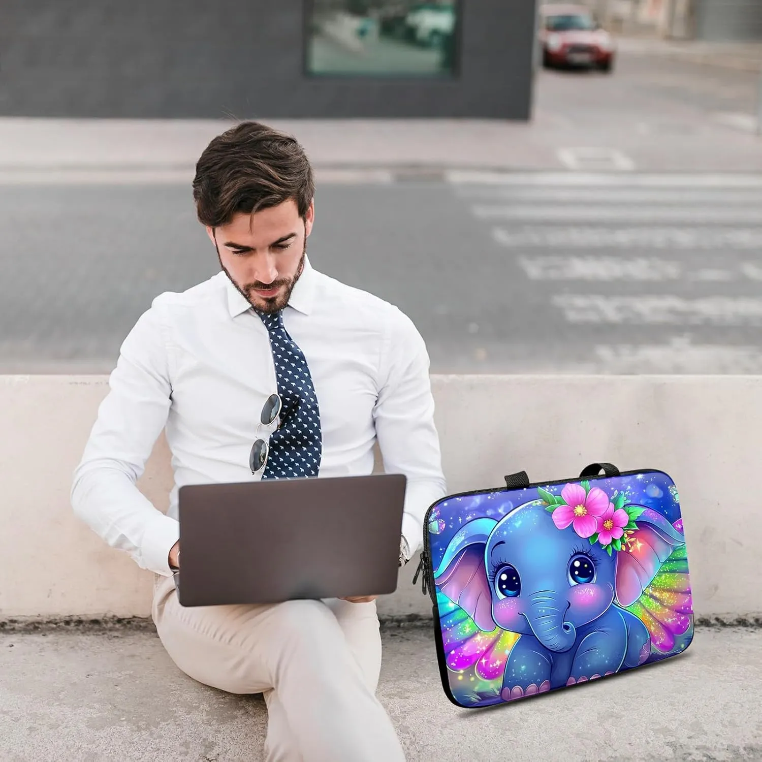 Baby Elephant with Big Eyes Theme Laptop Sleeve Case Notebook Sleeve PC Messenger Bag Durable Travel Laptop Bag Handbag 13-14 Inch with Handle for Laptop/Notebook/Tablet Laptop